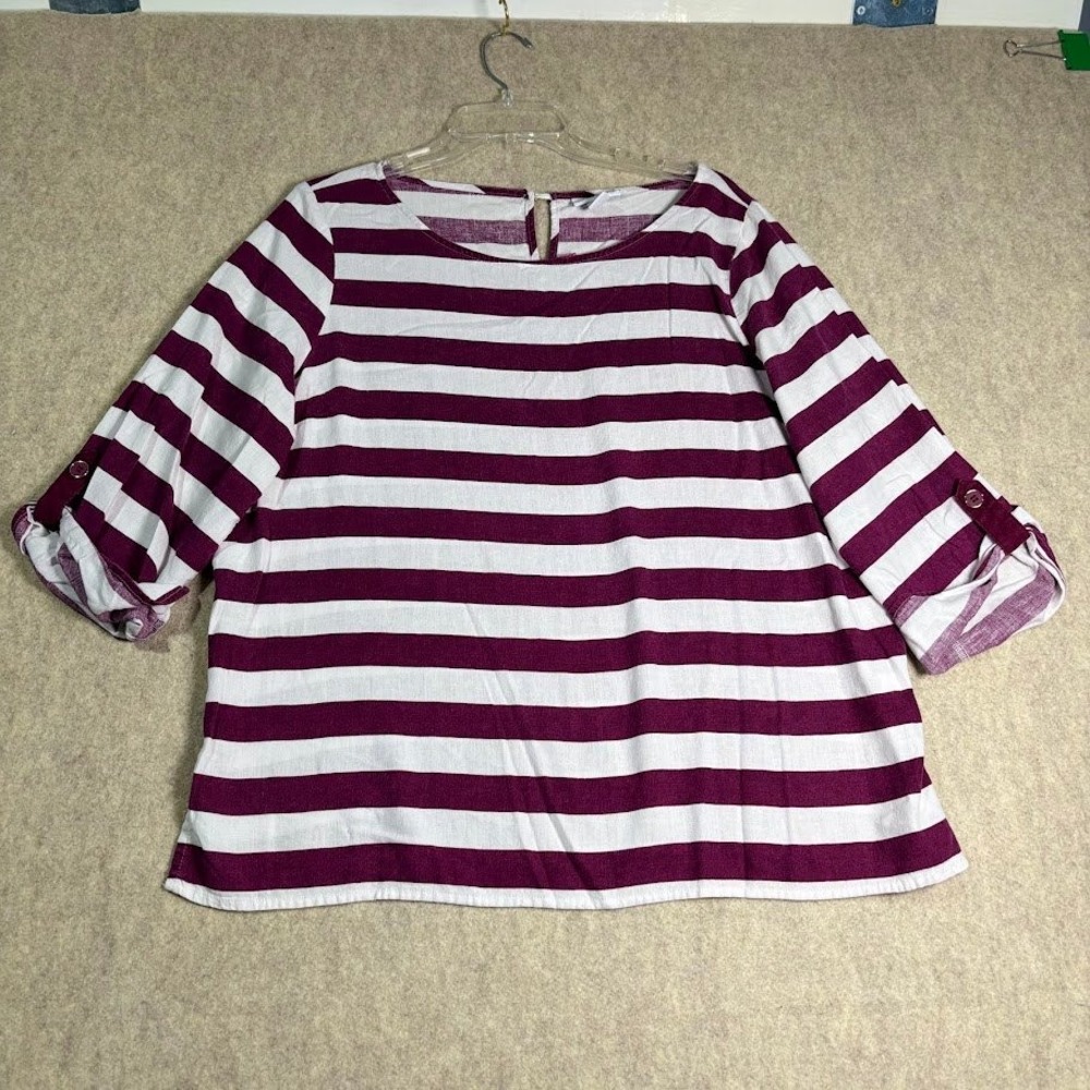 Liz Claiborne Top Wmn M Burgundy‎ White Linen Blend Striped Roll Tab Sleeve Boho